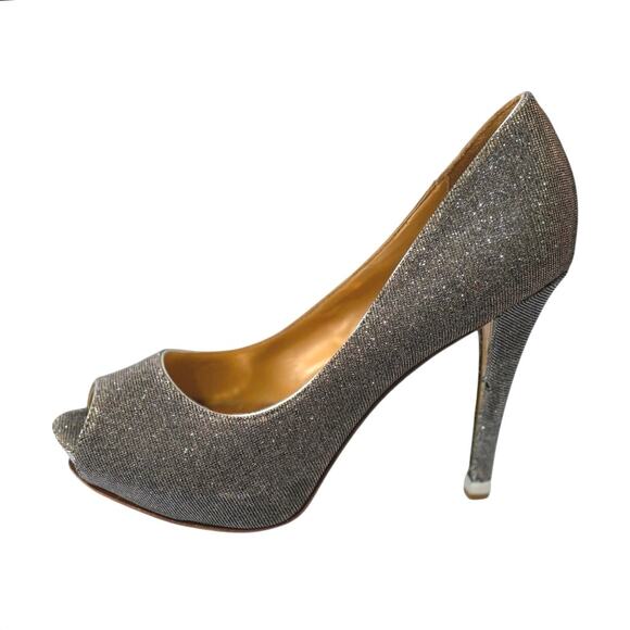 Badgley Mischka Heels - Silver Sparkle Peep Toe 5 inch Stiletto - Leather Soles - Picture 8 of 12